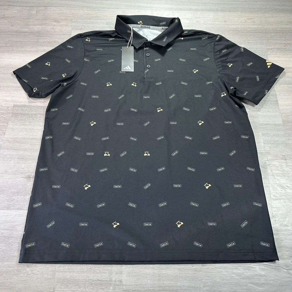 NEW Adidas Polo Shirt Mens XL Black Club Car Golf AOP Print Performance Stretch